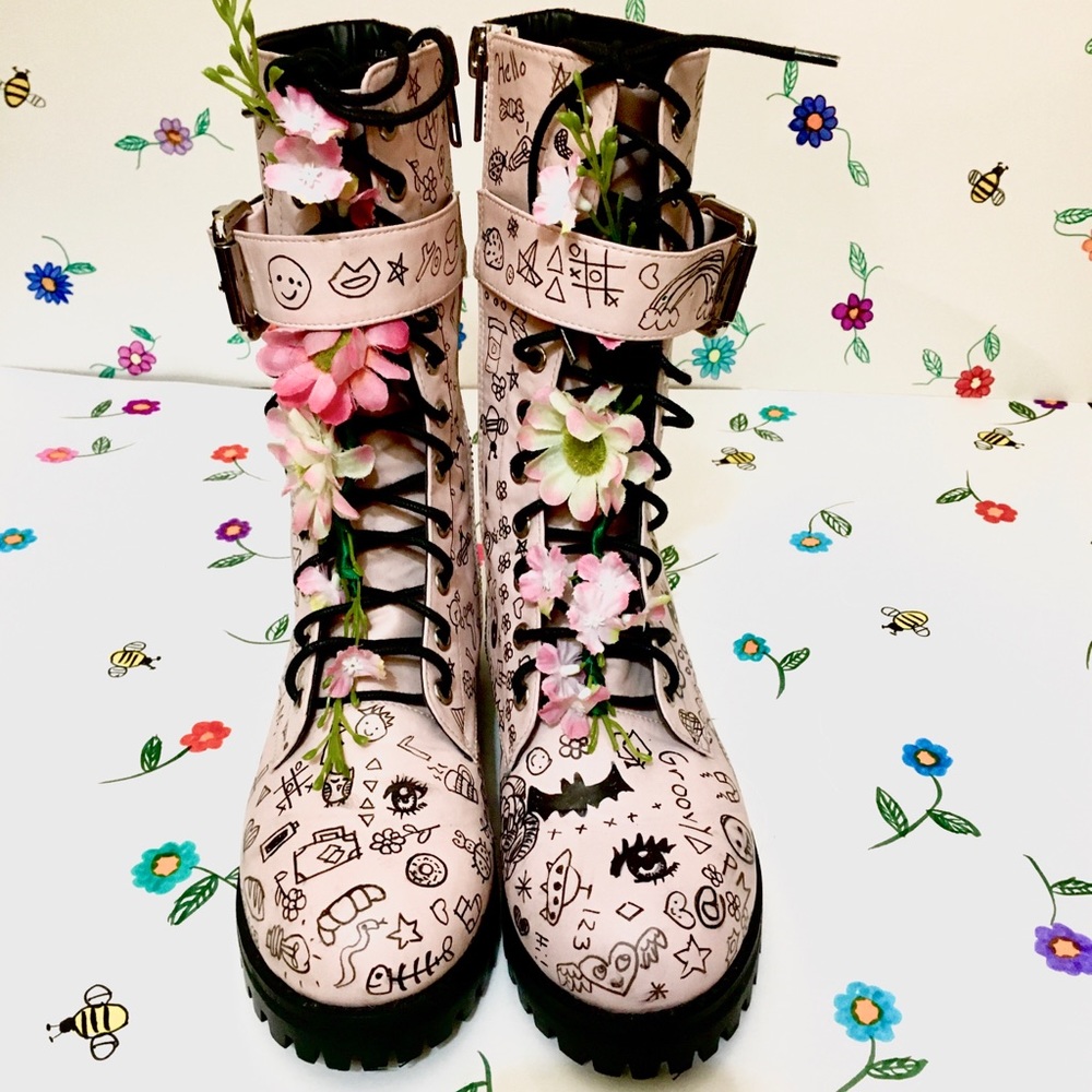 Dolls Kill Pink Floral Combat Boot- sz 7